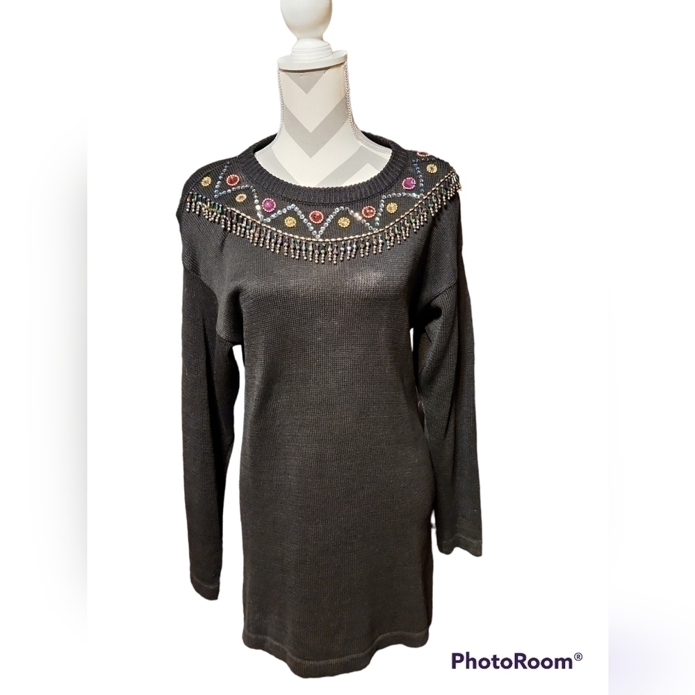 BONNIE Evans Beaded and sequined Vtg 80s sweater tunic Christmas Holiday